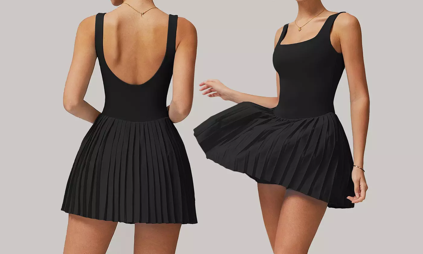 Women Workout Sleeveless Tennis Dress with Pockets Shorts Athletic Mini Dresses