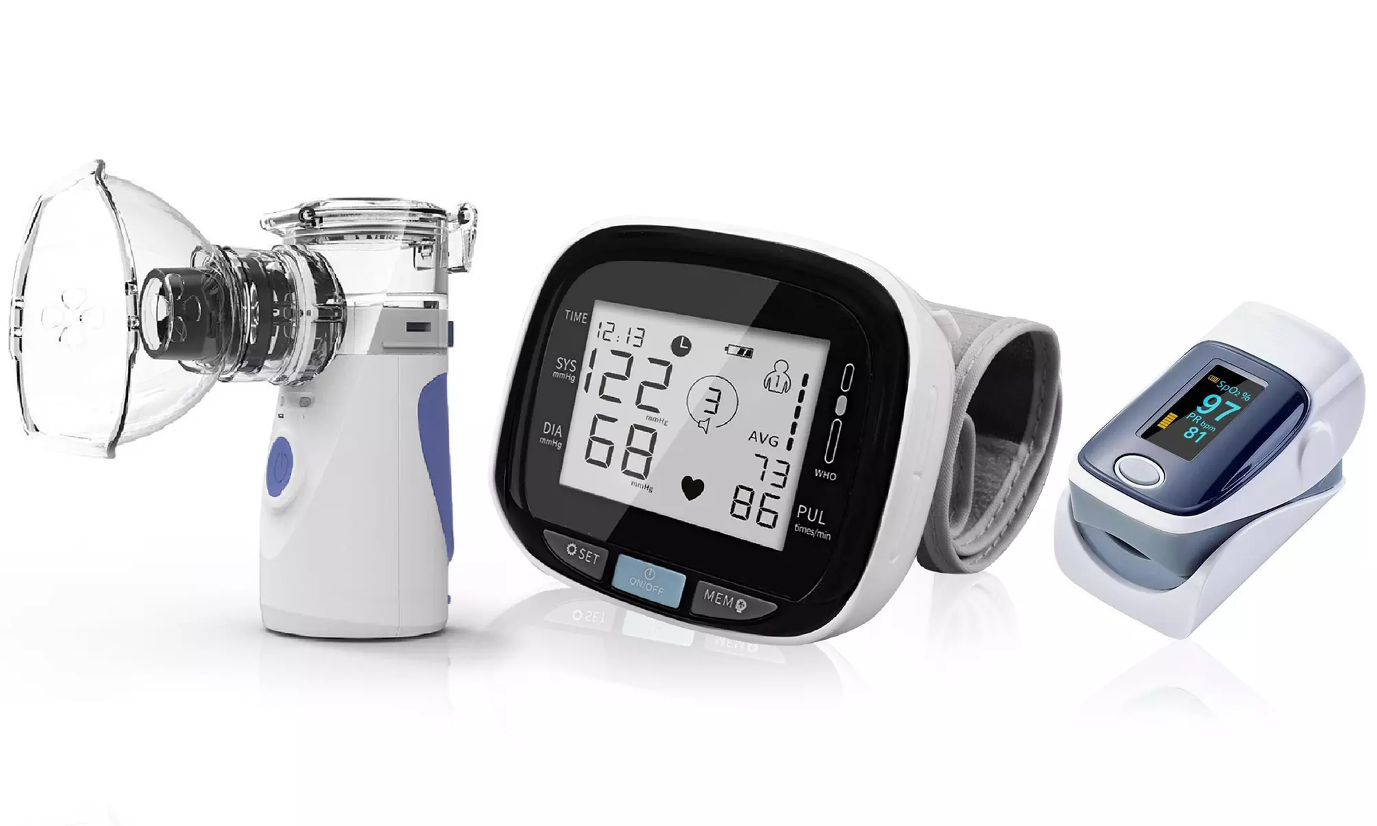 3in1 Fingertip Pulse Oximeter & Blood Pressure Monitor & Handheld Nebulizer Kit - Primary Image