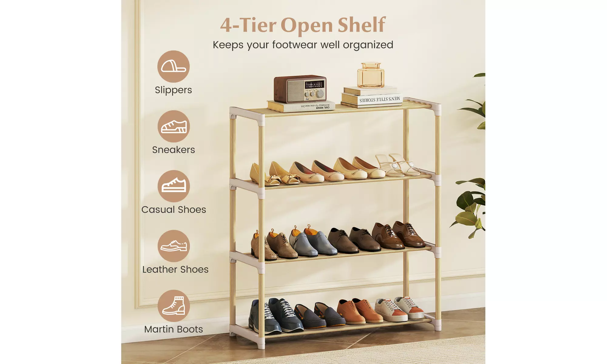 Costway Solid Wood Shoe Shelf Stand with Slatted Open Shelves for Entryway