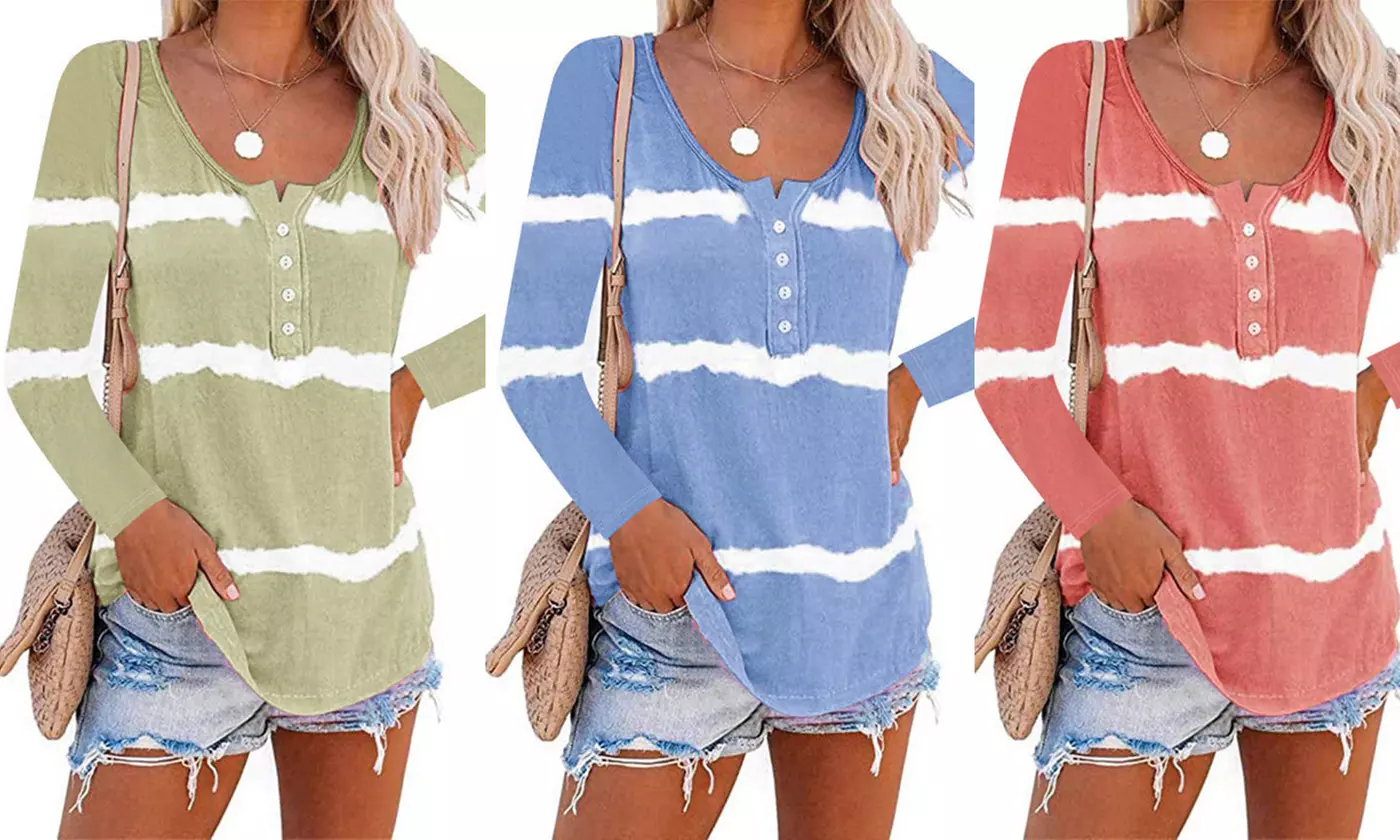 Women's Tie-Dyed Pullover Printed Button Long-Sleeved T-shirt Tunic - Primary Image