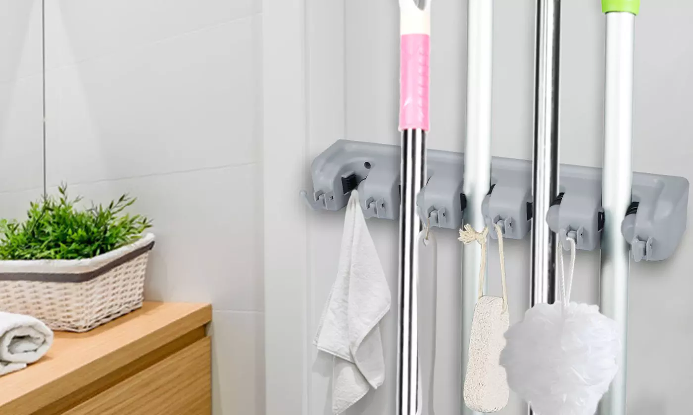 iMounTEK Wall Mount Mop Broom Holder with 5 Slots and 6 Utility Hooks