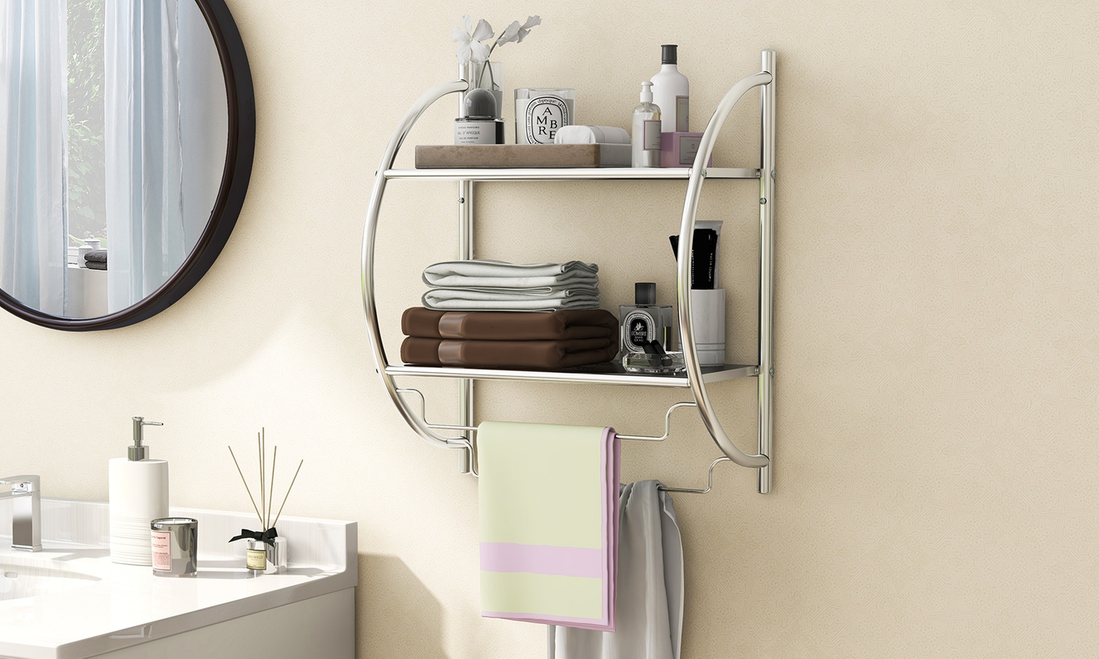Costway Wall Mounted Bathroom Shelf with 2 Tier Bathroom Towel Rack 2 Towel Bars