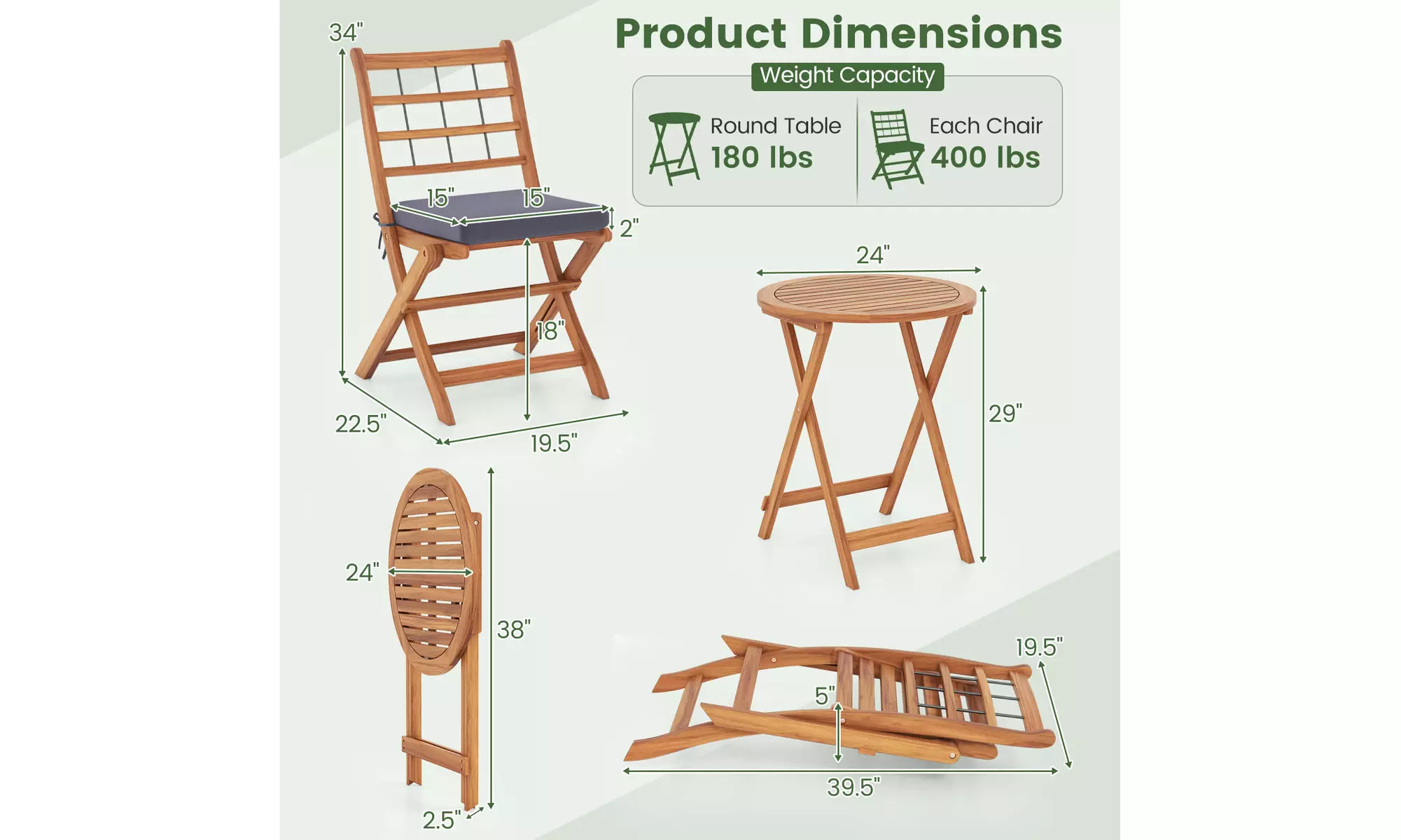 Costway 3 PCS Acacia Wood Patio Bistro Set Folding Outdoor Table and Chairs