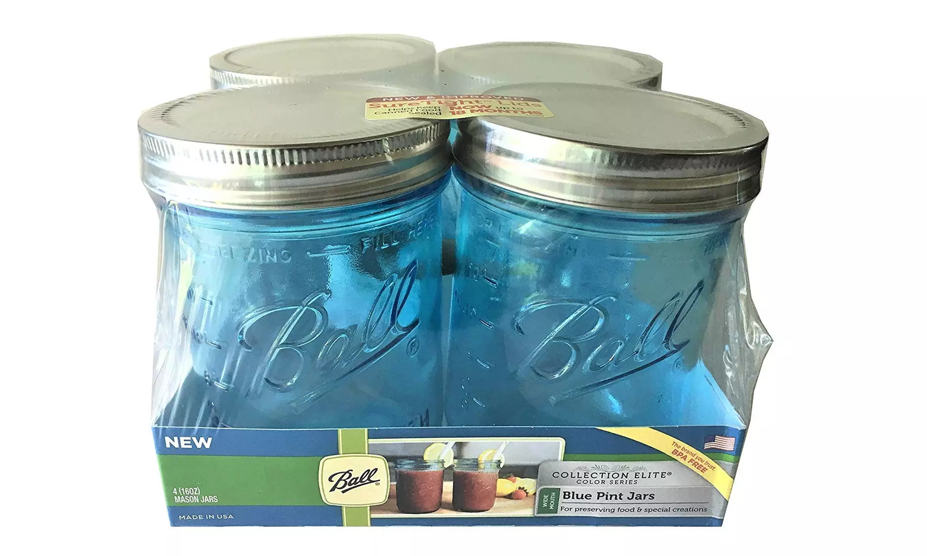 Pint Size Wide Mouth Canning Jars 16-oz Collection Elite Series Blue 4-Pack - Primary Image