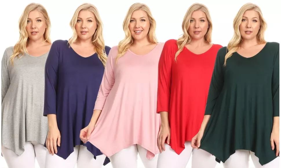 Women's Plus size Knit Tunic Tops Asymmetrical 3/4 Sleeve V-Neck Flowy Blouse - Primary Image