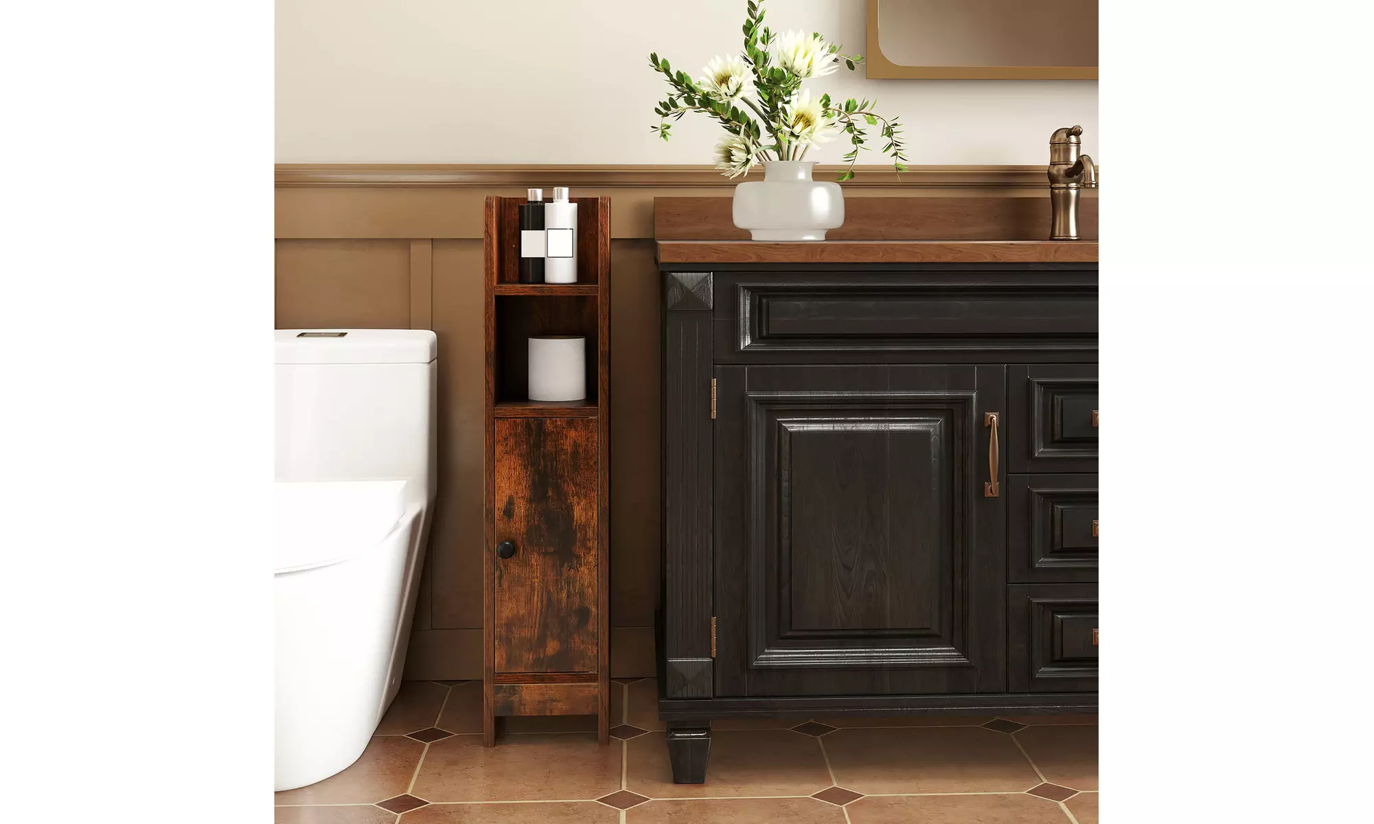 Costway Bathroom Storage Cabinet with Adjustable Shelf 1 Door & 2 Open Shelves