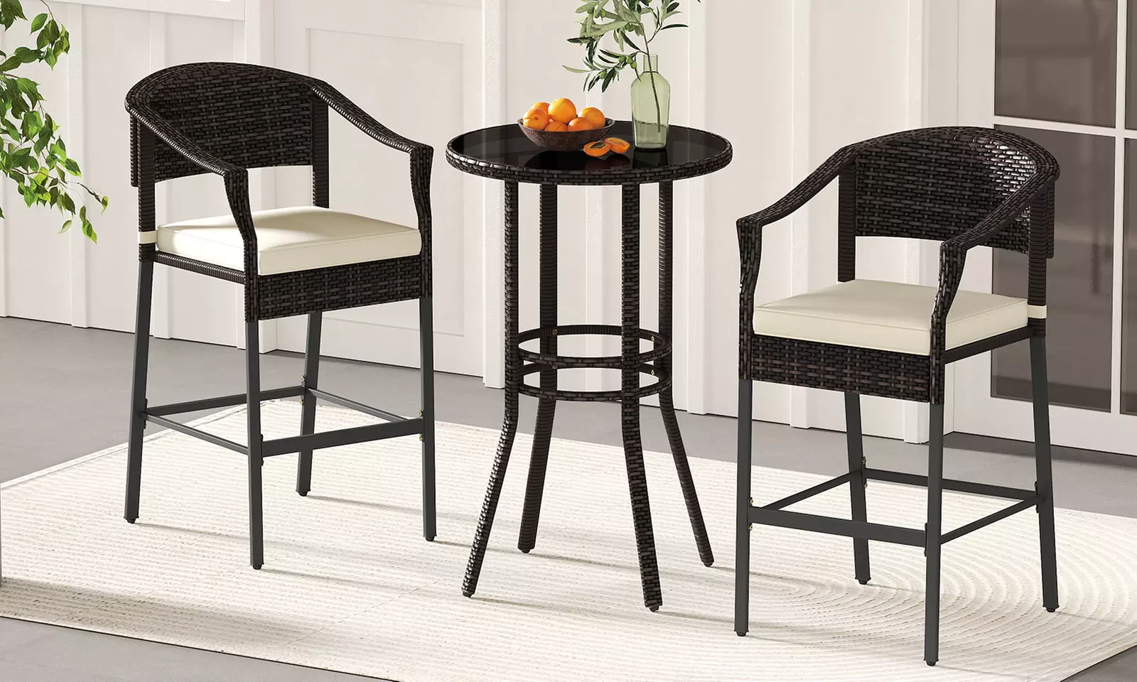 Costway 3-Piece Patio Rattan Bar Set Wicker Bar Height Armchairs and Round Table