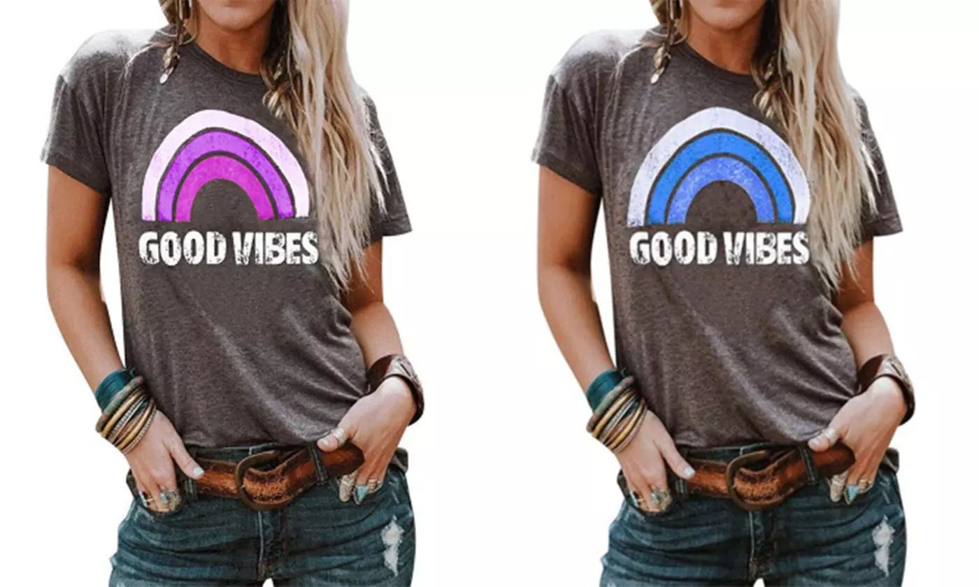 Women's Top Good Vibes Rainbow Lettered Printed Round Neck Short Sleeve Tunic - Primary Image