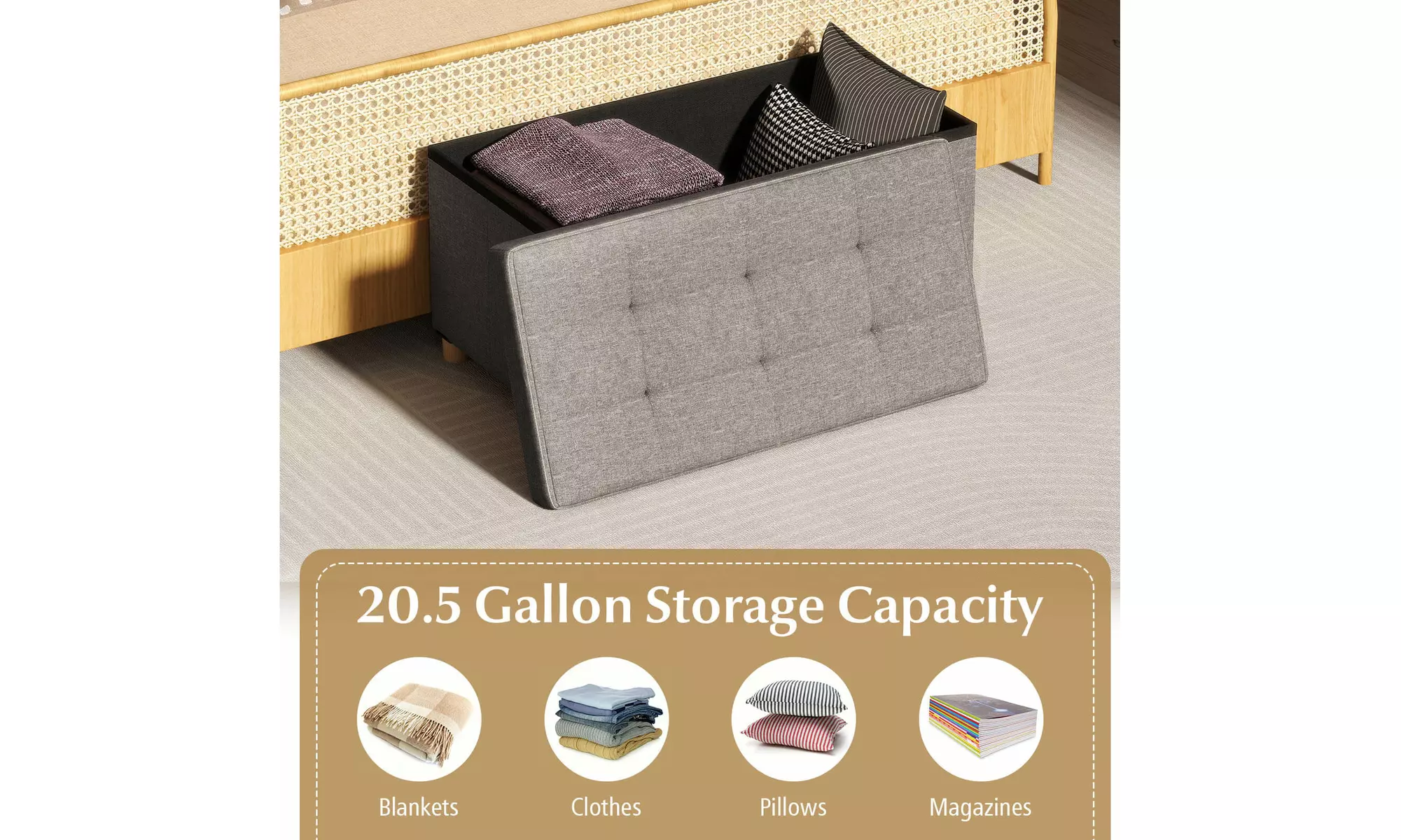 Costway 18 Inches Ottoman with Storage,Tray & Rubber Wood Legs for Small Space