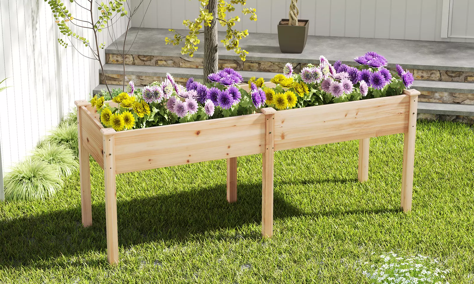 Costway Outdoor Raised Garden Bed with Legs Wood Planter Box with Divider Panel