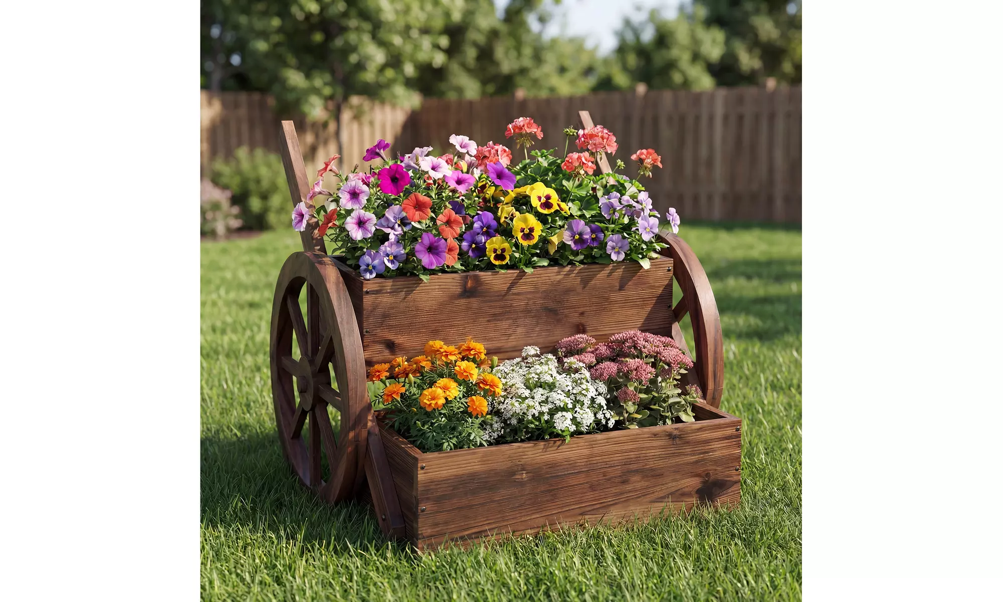 Costway 2-Tier Rustic Wooden Wagon Planter Box with Drainage Holes