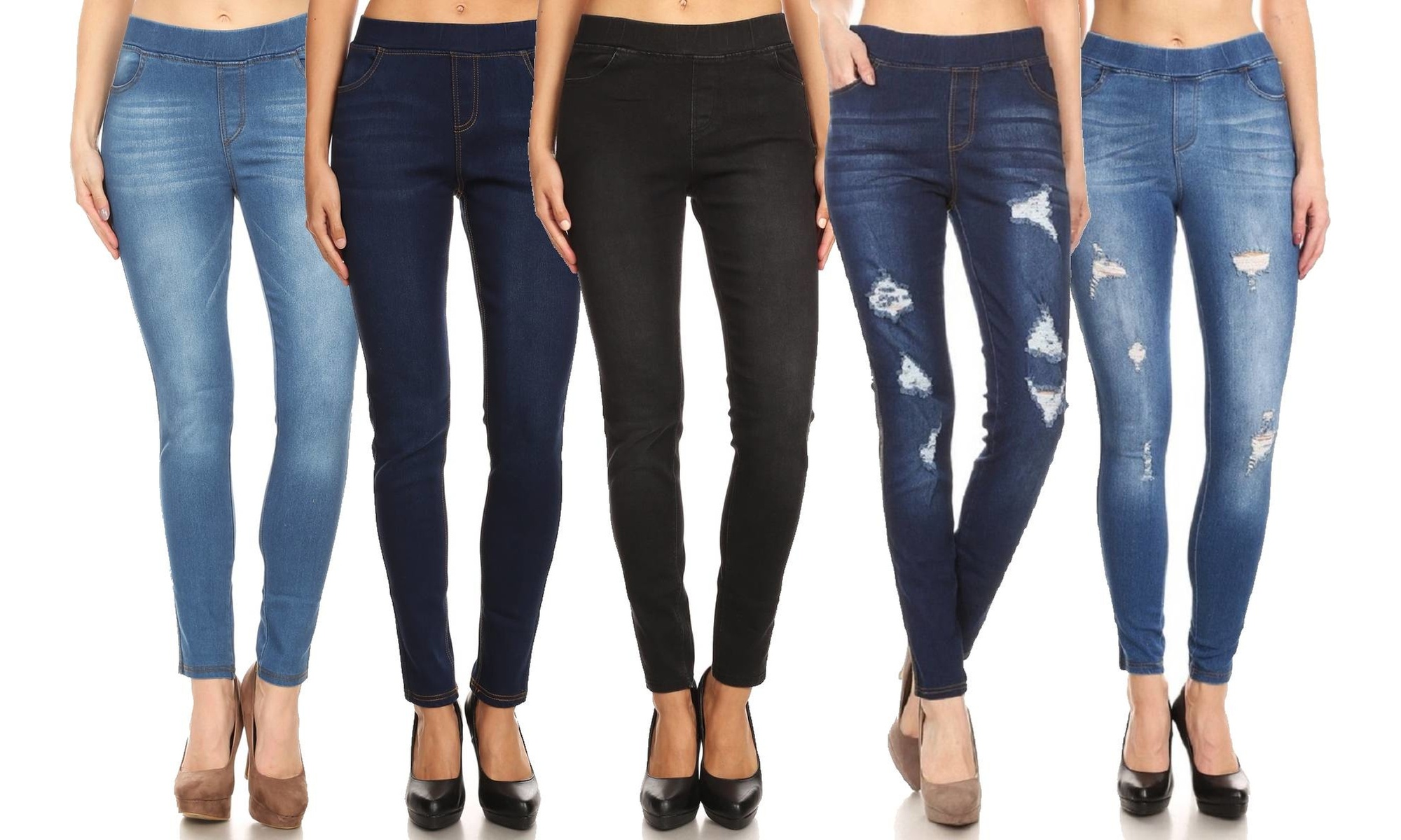 3-Pack Women's Skinny Pull-On Ripped & Classic Denim Jeggings: S-3XL