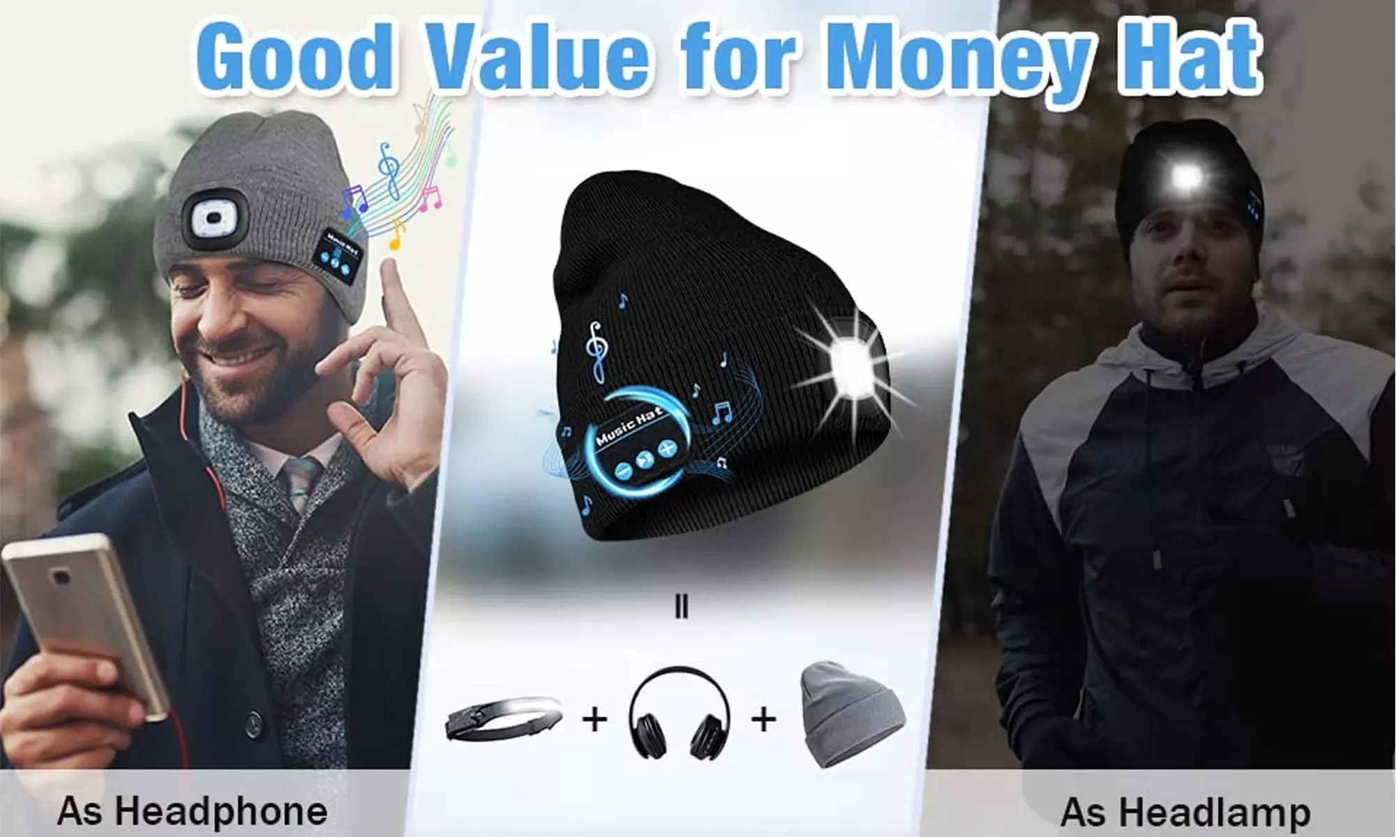 Bluetooth LED Beanie Hats with Light Bluetooth Headlamp Cap Gift for Christmas