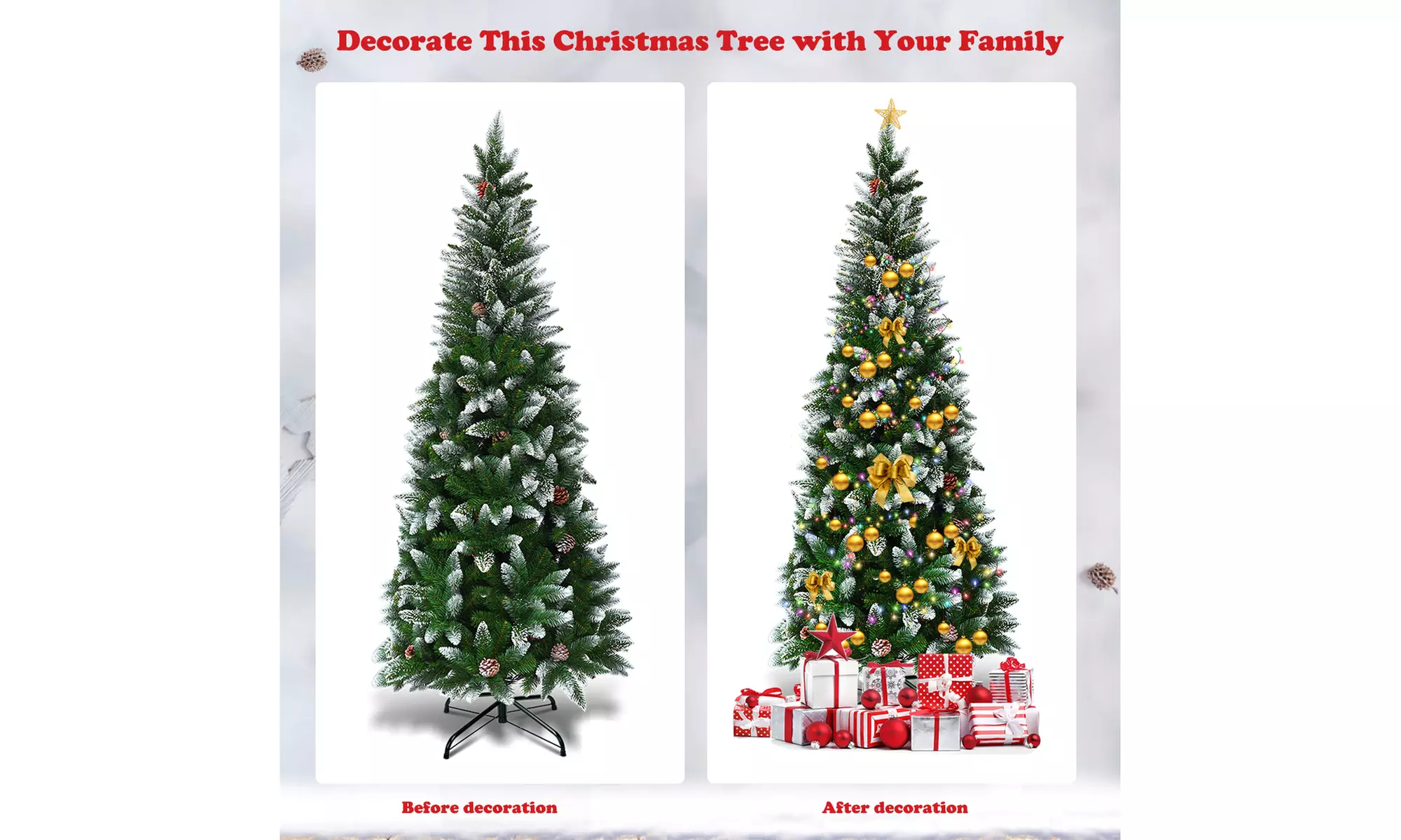 5ft/6ft Snow Flocked Unlit Artificial Pencil Christmas Tree Hinged w/ Pine Cones