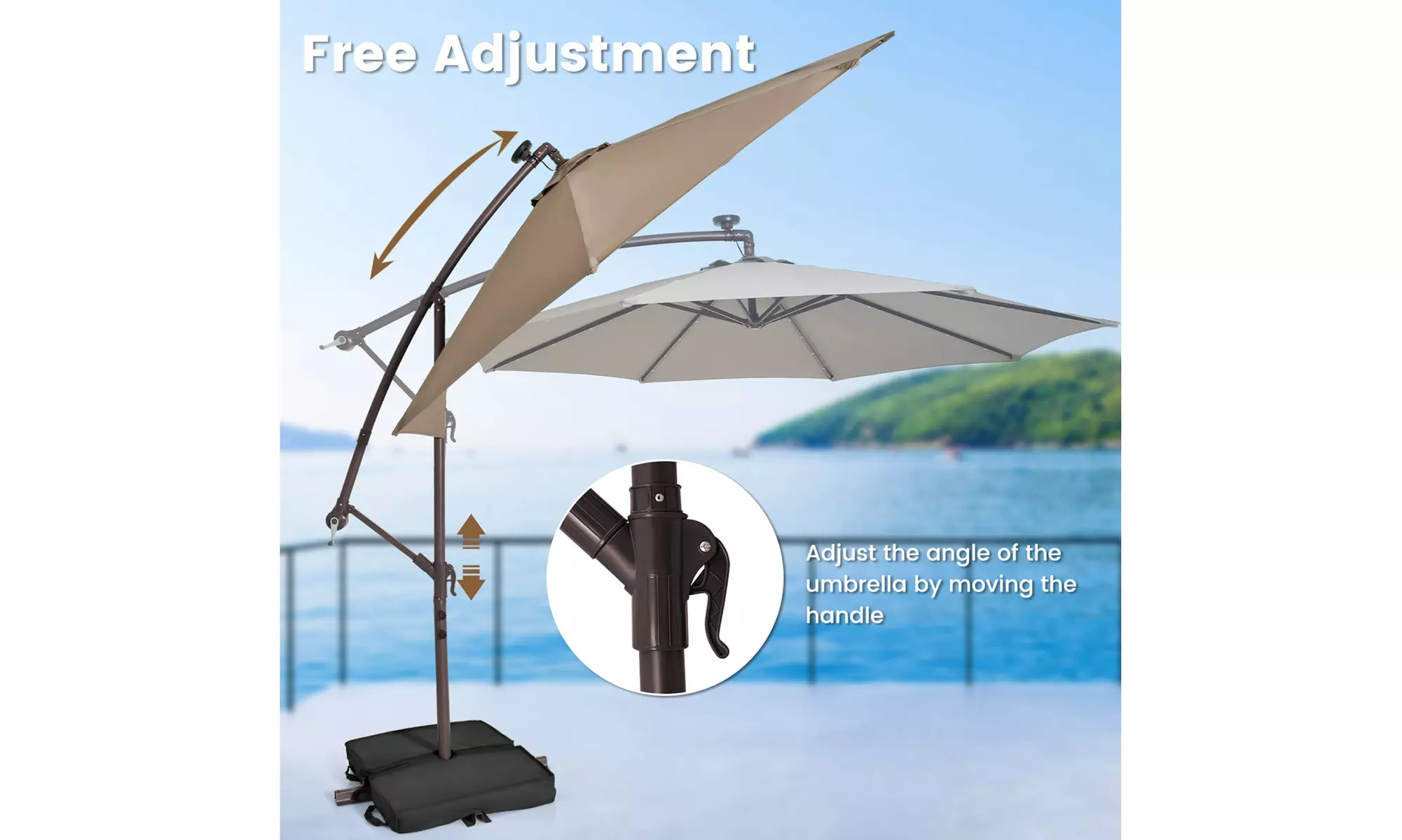 Costway Patio 10FT Hanging Offset Umbrella 32 LED Lights Sand Bag Cross Base