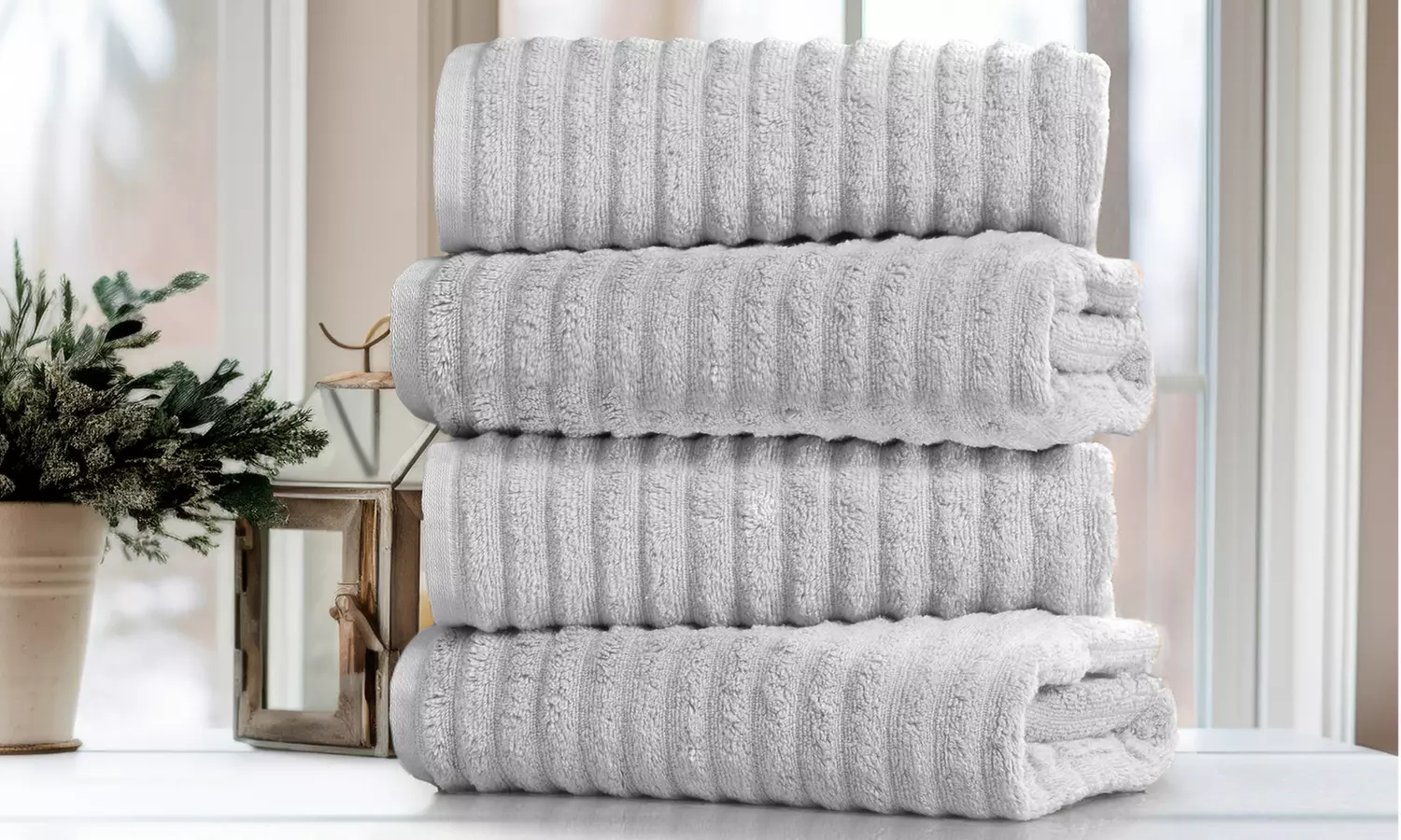 Bibb Home 4 Pack Ribbed Egyptian Cotton Bath Towel Set