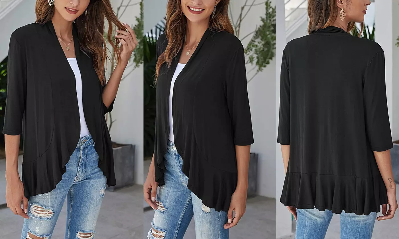 Women's Casual Lightweight Open Front 3/4 Sleeve Cardigans Soft Draped Ruffles