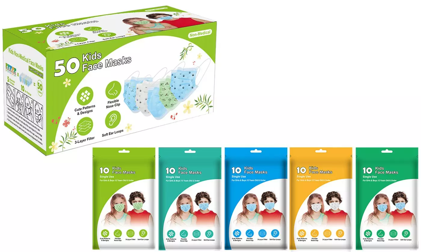 Kids 3-Ply Disposable Protective Face Masks for Boys & Girls (50-Pack)