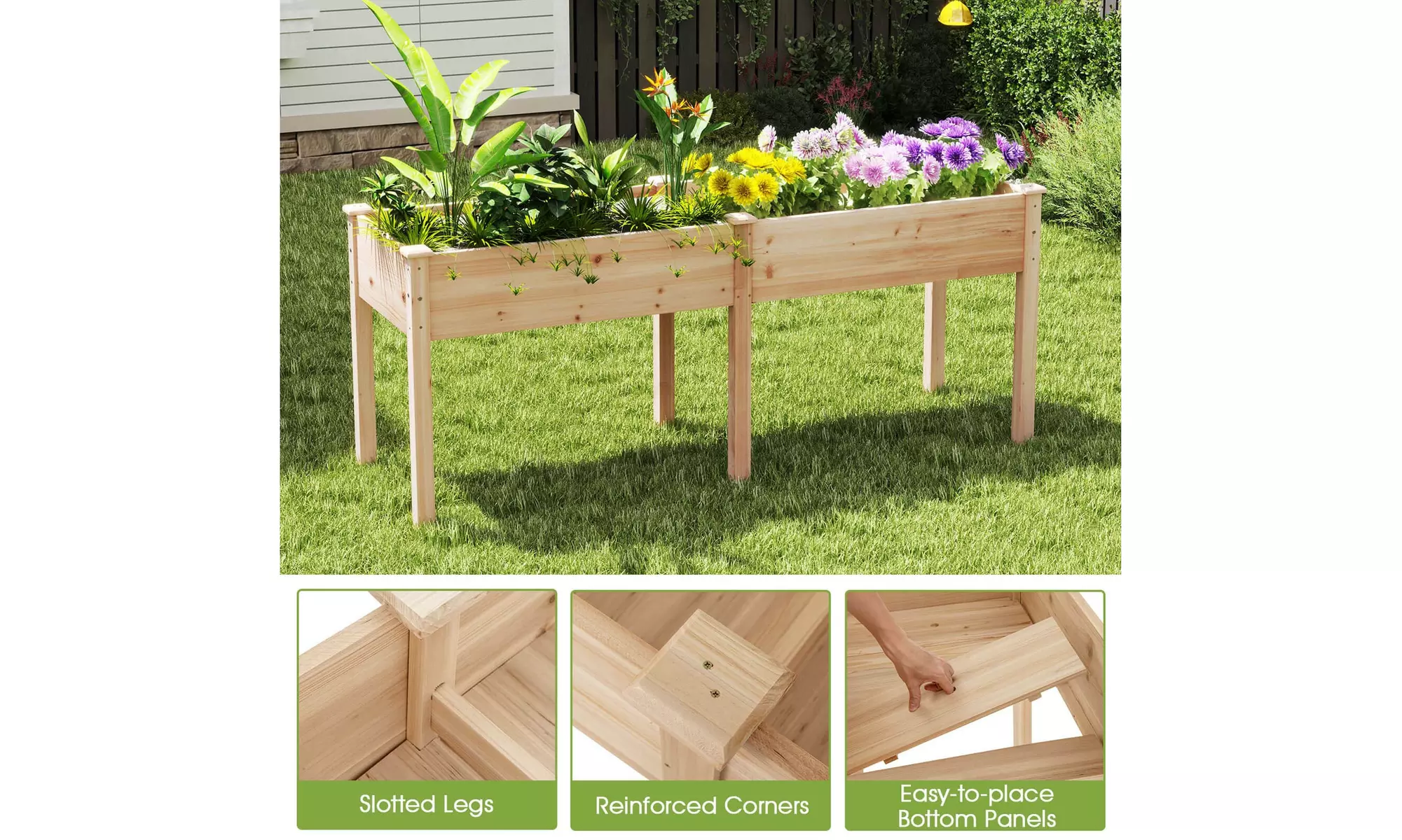 Costway Outdoor Raised Garden Bed with Legs Wood Planter Box with Divider Panel