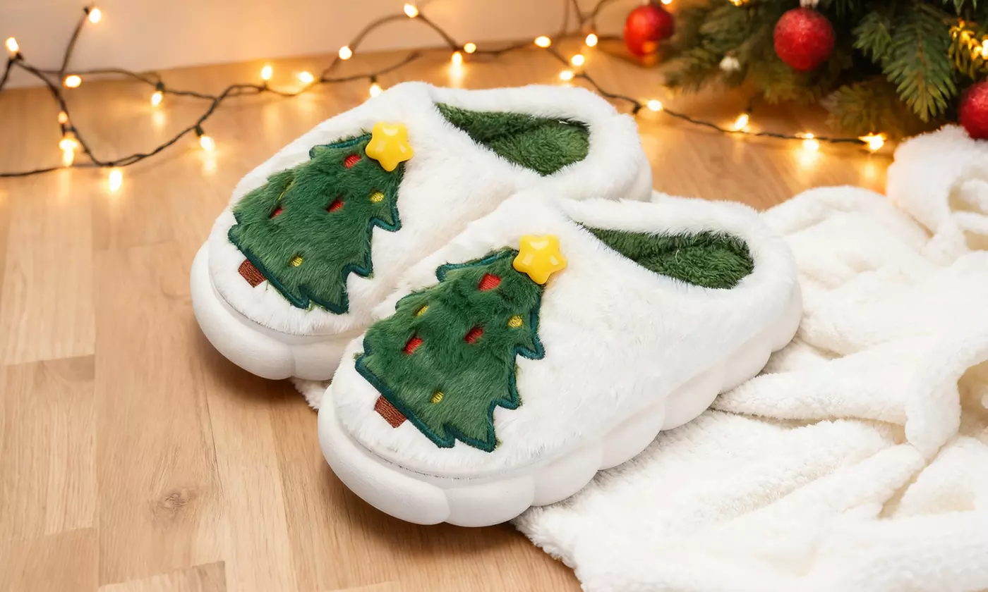 Cozy Christmas Tree Slippers Festive Plush House Shoes with Non-Slip Sole