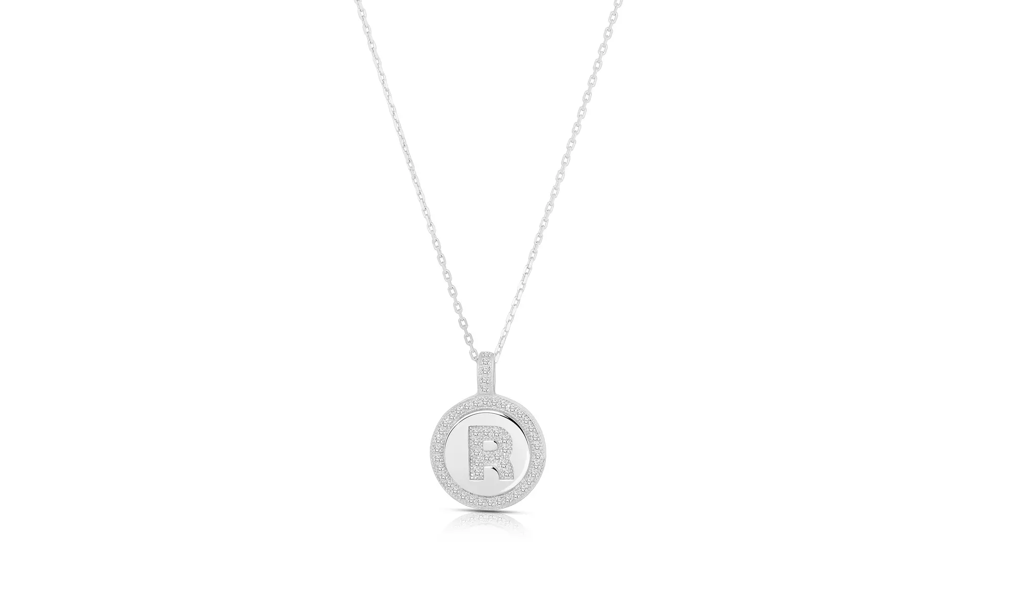 Sterling Silver Crystal Round Disc Initial Pendant Necklace