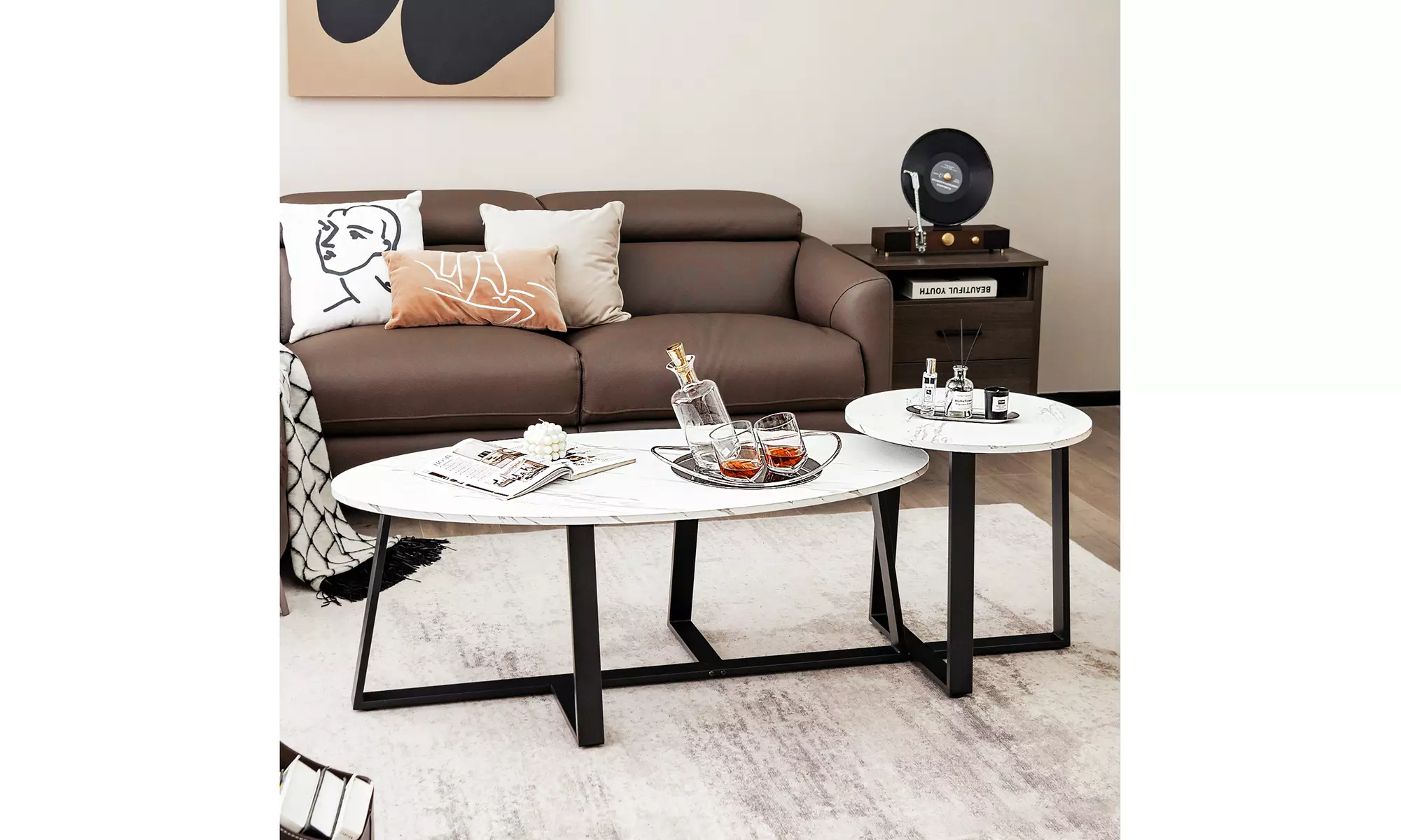 Costway Modern Coffee Table Set of 2 Faux Marble Nesting Table Set Living Room - Primary Image