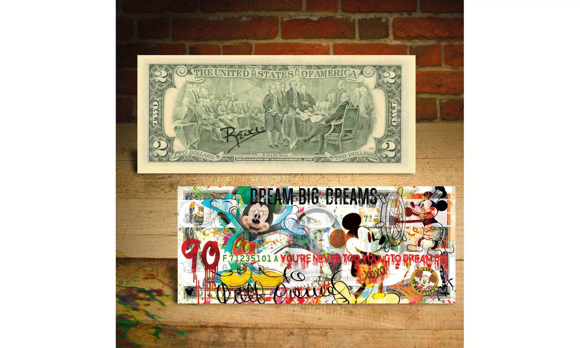 MICKEY MOUSE 90th Birthday Genuine Two-Dollar Bill Pop Art HAND-SIGNED by Rency - Primary Image