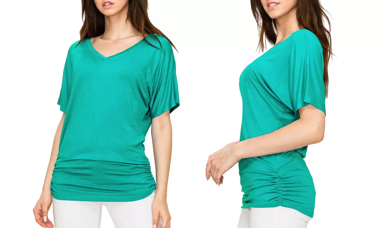 Made by Johnny Womens Solid Short Sleeve V-Neck Dolman Top with Side Shirring