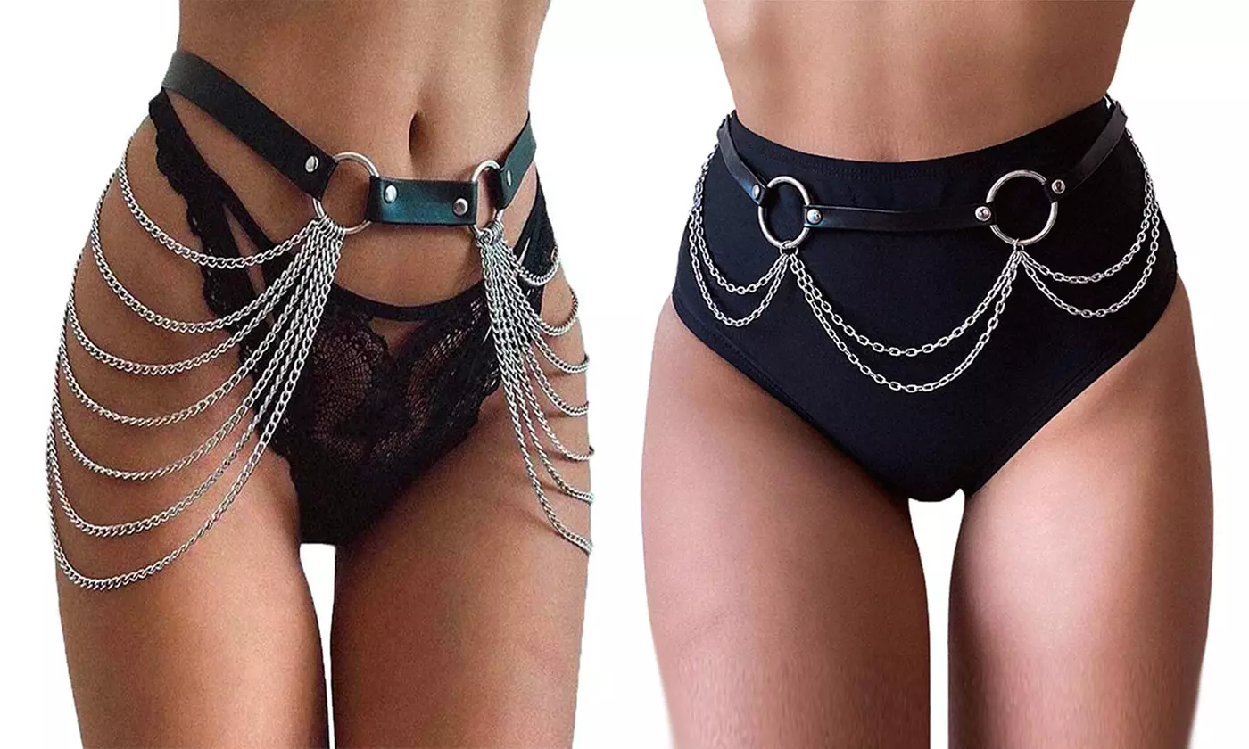 Punk Black Waist Chain Belt Leather Layered Belly Body Chains Rave Body Jewelry - Primary Image