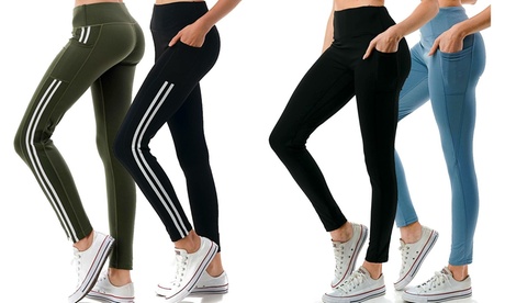 2 Pack Women'sHigh Rise Active Leggings With Pockets S-3X M Black Striped/Olive Striped