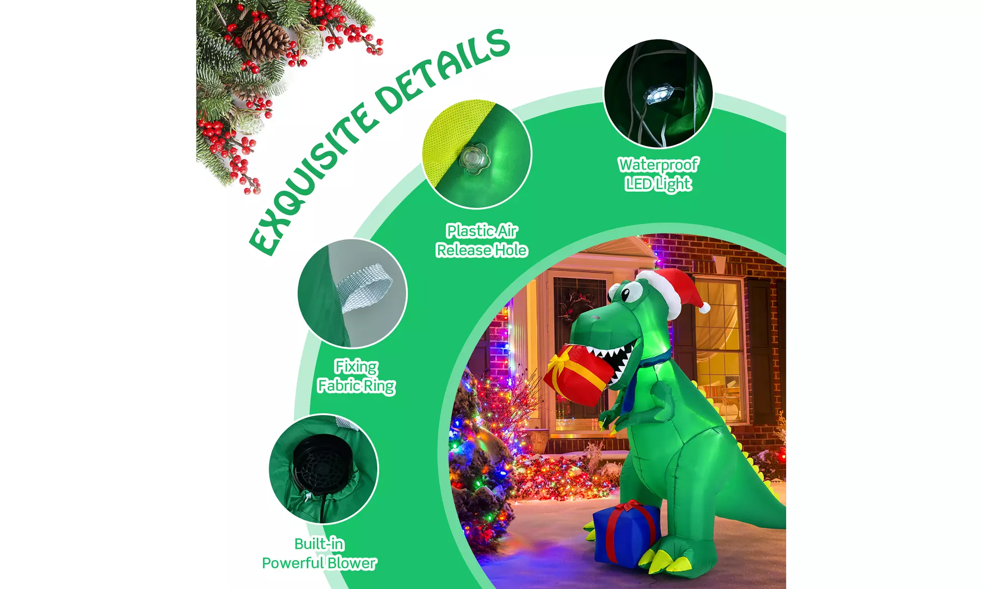 Costway 6Ft Christmas Inflatable Dinosaur Indoor & Outdoor Christmas Decoration