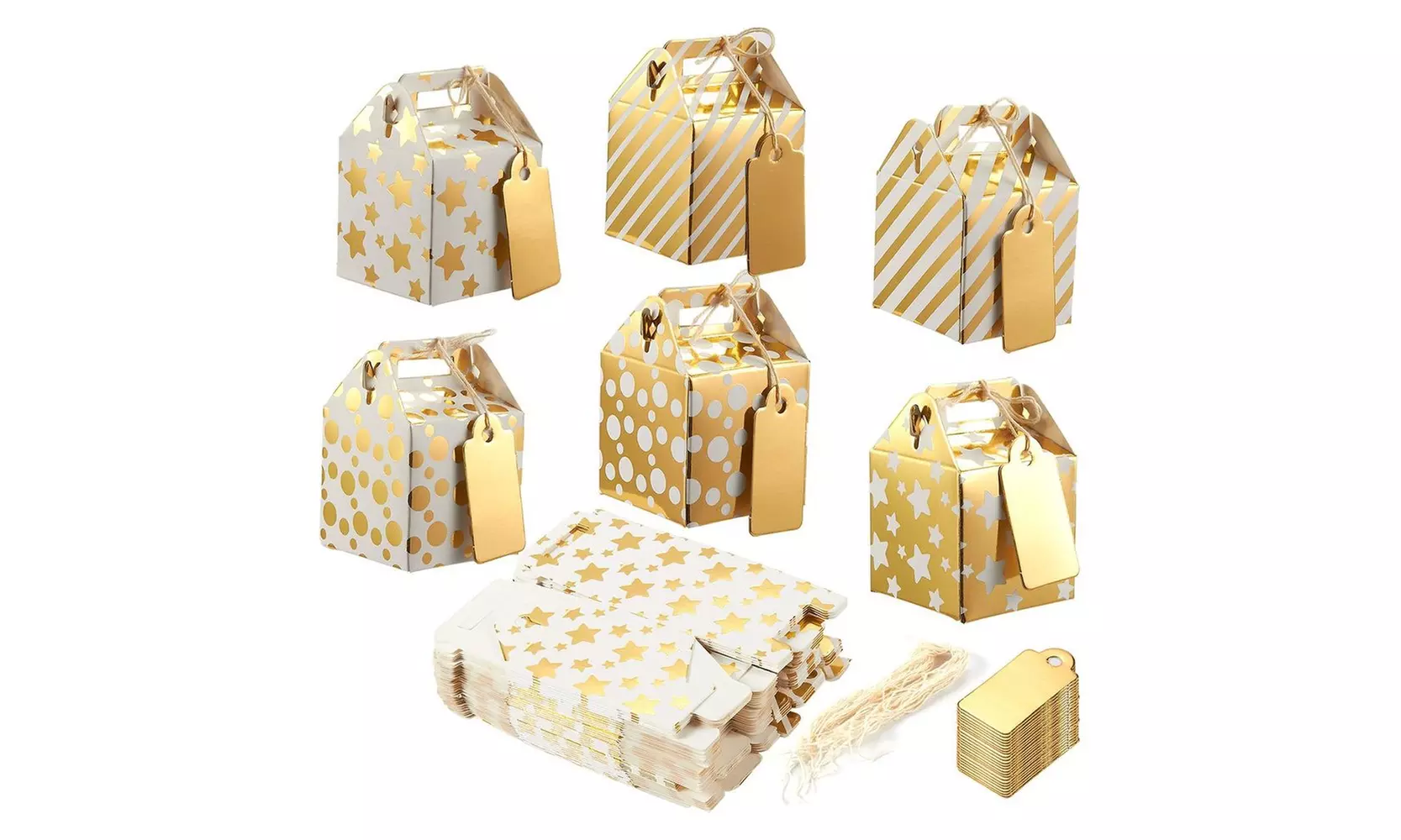 36 Paper Treat Boxes with Tags for Party Favor Goodie Gift, Bright Golden, 2x2x2 - Primary Image