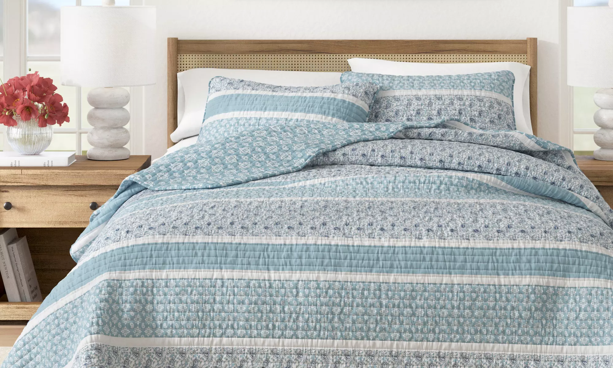 FreshFolds Stripe and Paisley Microfiber Reversible Quilt Set with Shams
