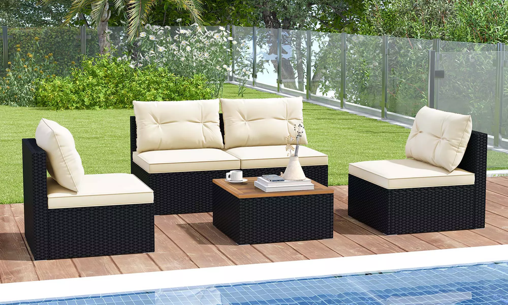 5 Piece Patio Rattan Furniture Set Acacia Wood Table Top Sofa Cushion Deck