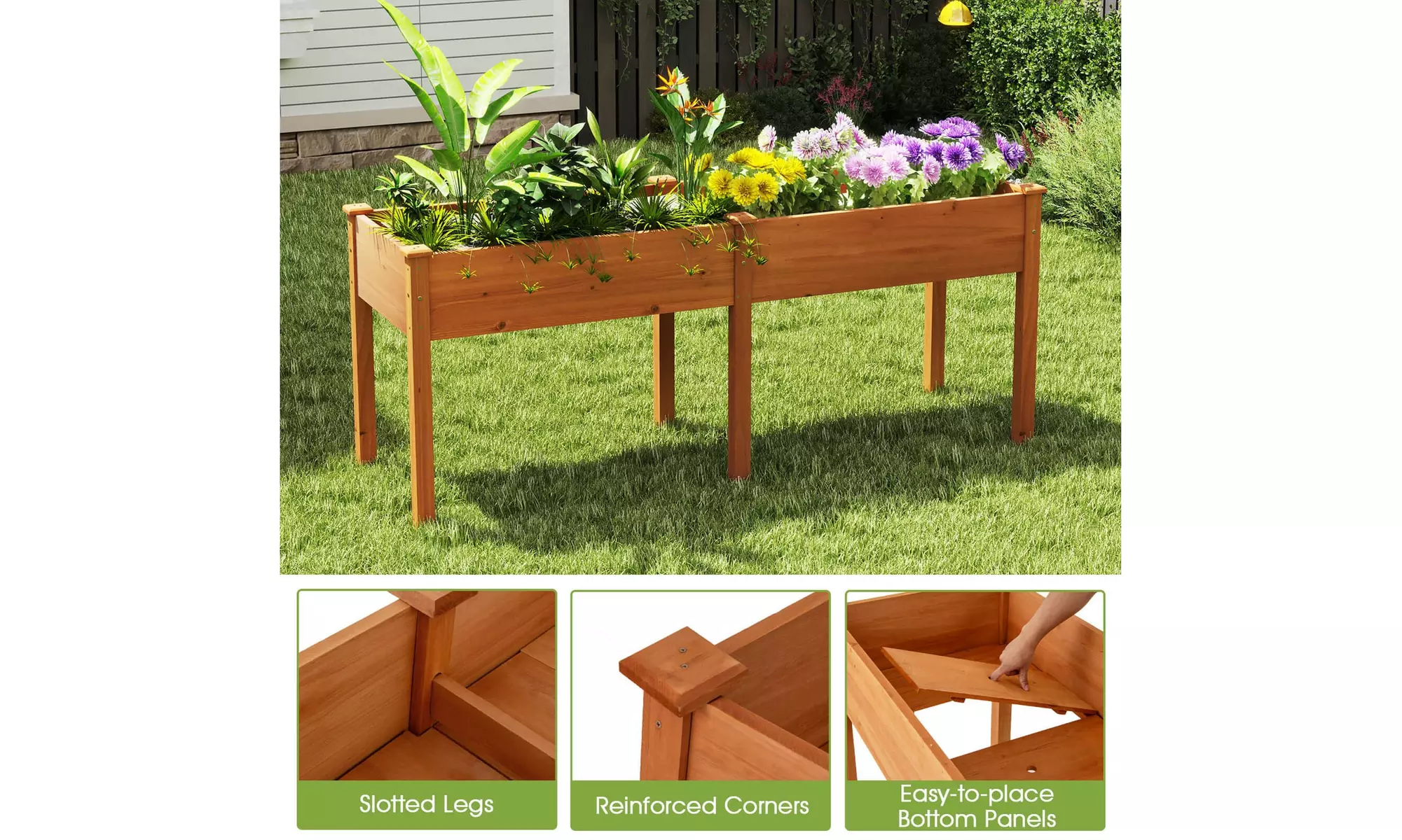 Costway Outdoor Raised Garden Bed with Legs Wood Planter Box with Divider Panel