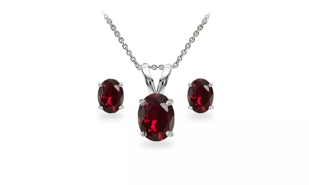 Sterling Silver Ruby Oval-cut Solitaire Necklace and Stud Earrings Set - Primary Image