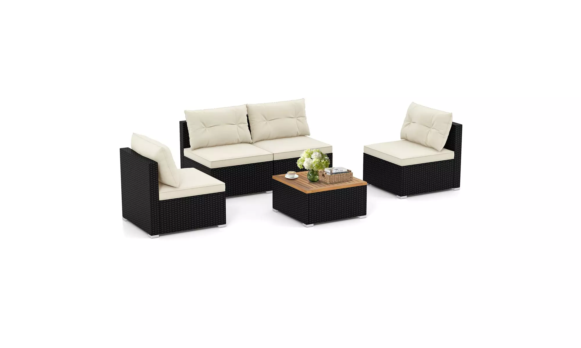 5 Piece Patio Rattan Furniture Set Acacia Wood Table Top Sofa Cushion Deck