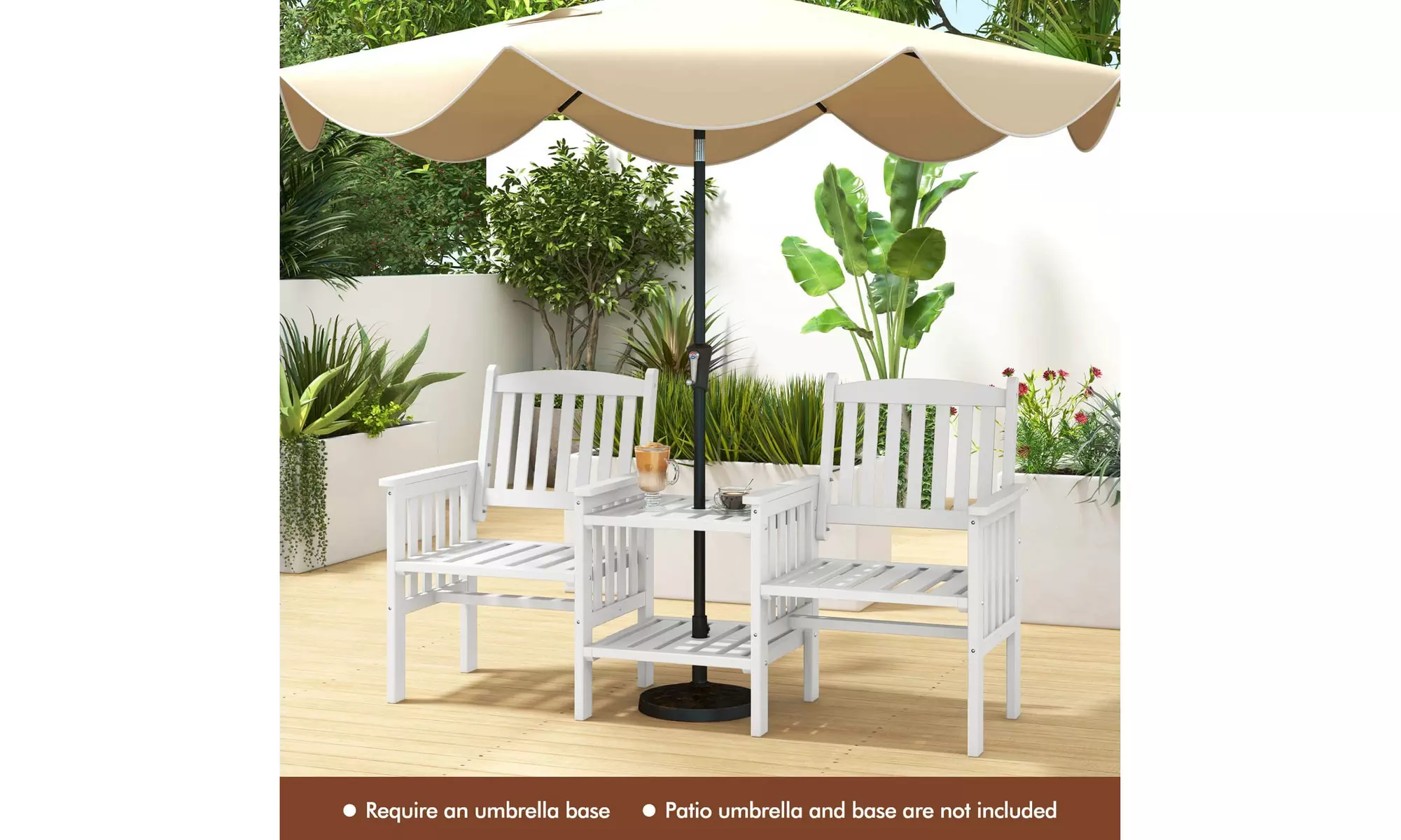 Costway Outdoor Fir Wood Loveseat with 2-Tier Side Table and 1.96" Umbrella Hole
