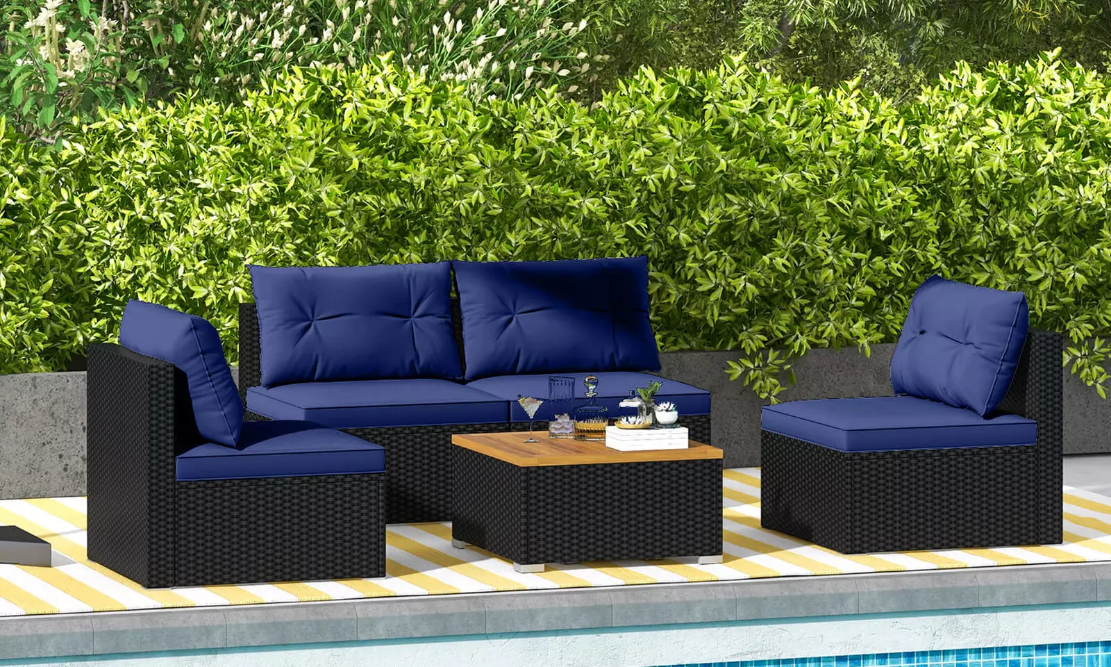 5 Piece Patio Rattan Furniture Set Acacia Wood Table Top Sofa Cushion Deck