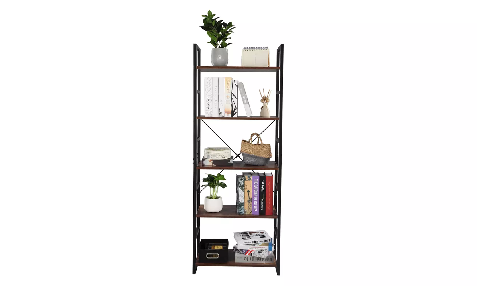 4/5 Tier Vintage Bookcase Shelf Storage Organizer Wood and Metal Bookshelf  - Primary Image