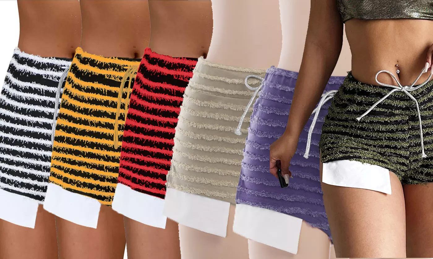 Women's Skinny Shorts High Waist Side Slit Striped Drawstring Summer Bottoms - Primary Image