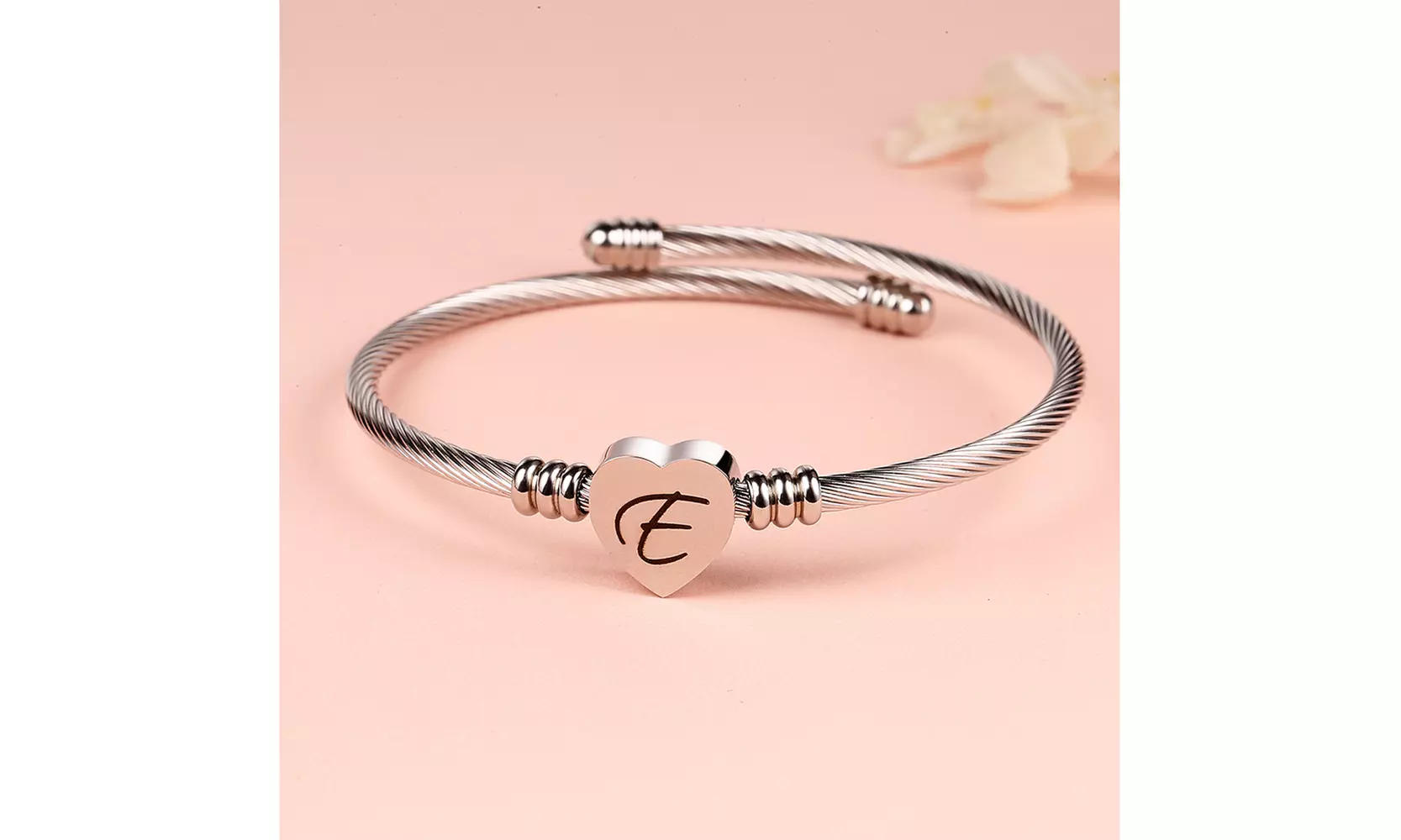Twisted Steel Heart Cable Initial Bracelet
