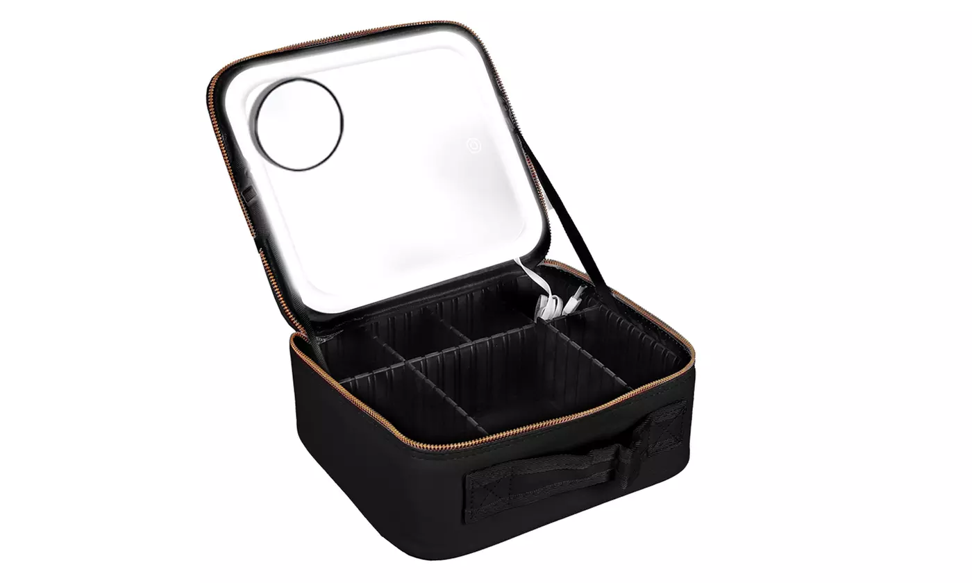 N'POLAR Travel Makeup Bag with Adjustable Dividers, LED Mirror and Brush Holder