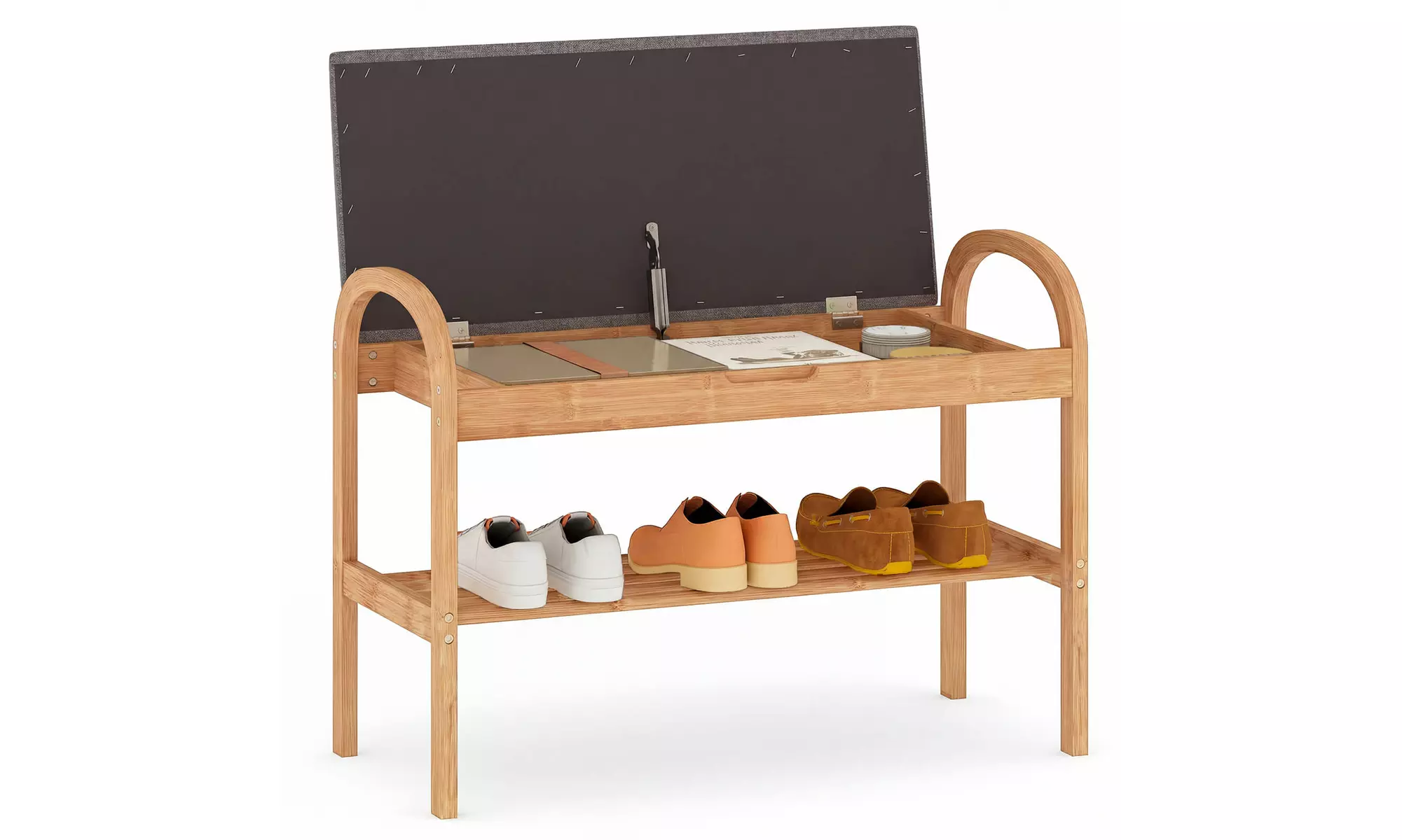 Costway Bamboo Entryway Shoe Bench 2-Tier Shoe Rack with Padded Seat Cushion