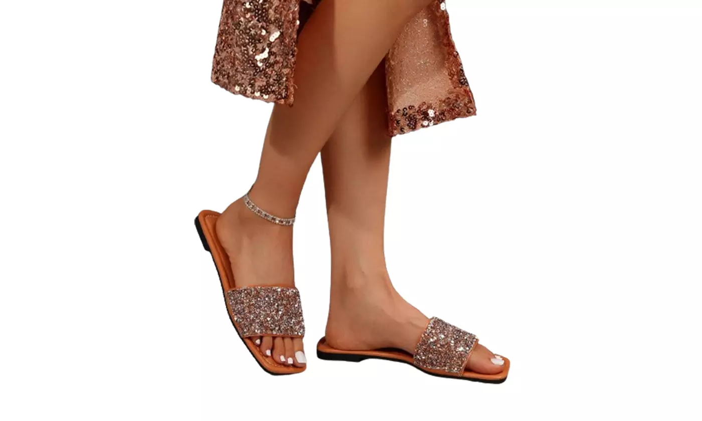 Women's Sparkly Flat Open Toe Slides 