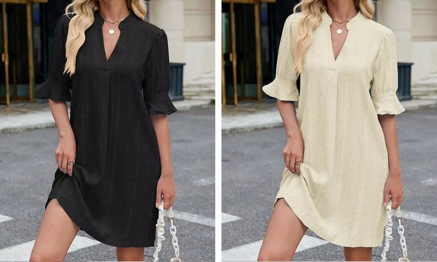 Women's V Neck Ruffled Half Sleeves Shift Dress Flowy Summer Beach Cover Up