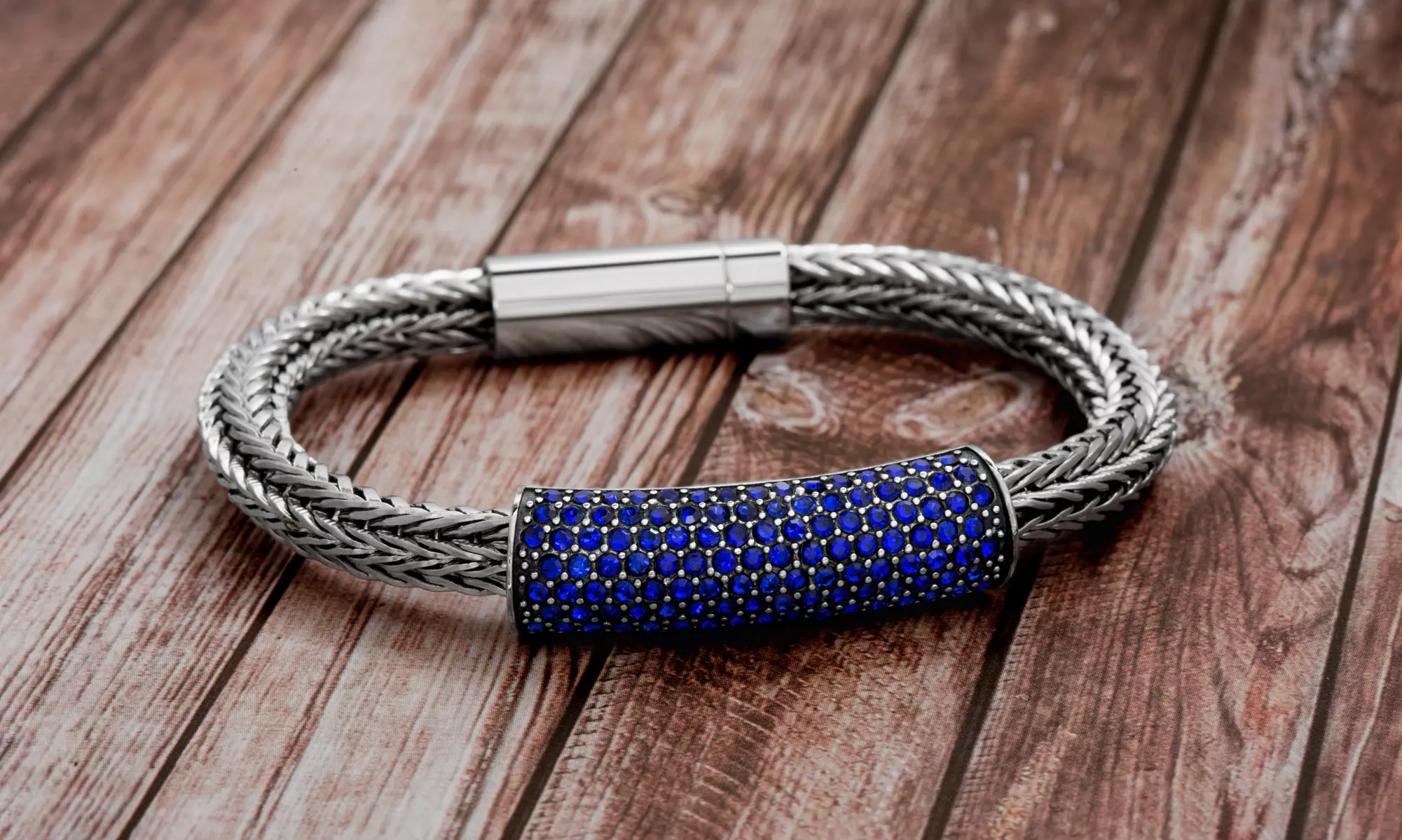 Simply Steel Mens Foxtail Bracelet with Black Crystal Bar in Stainless Steel - Primary Image