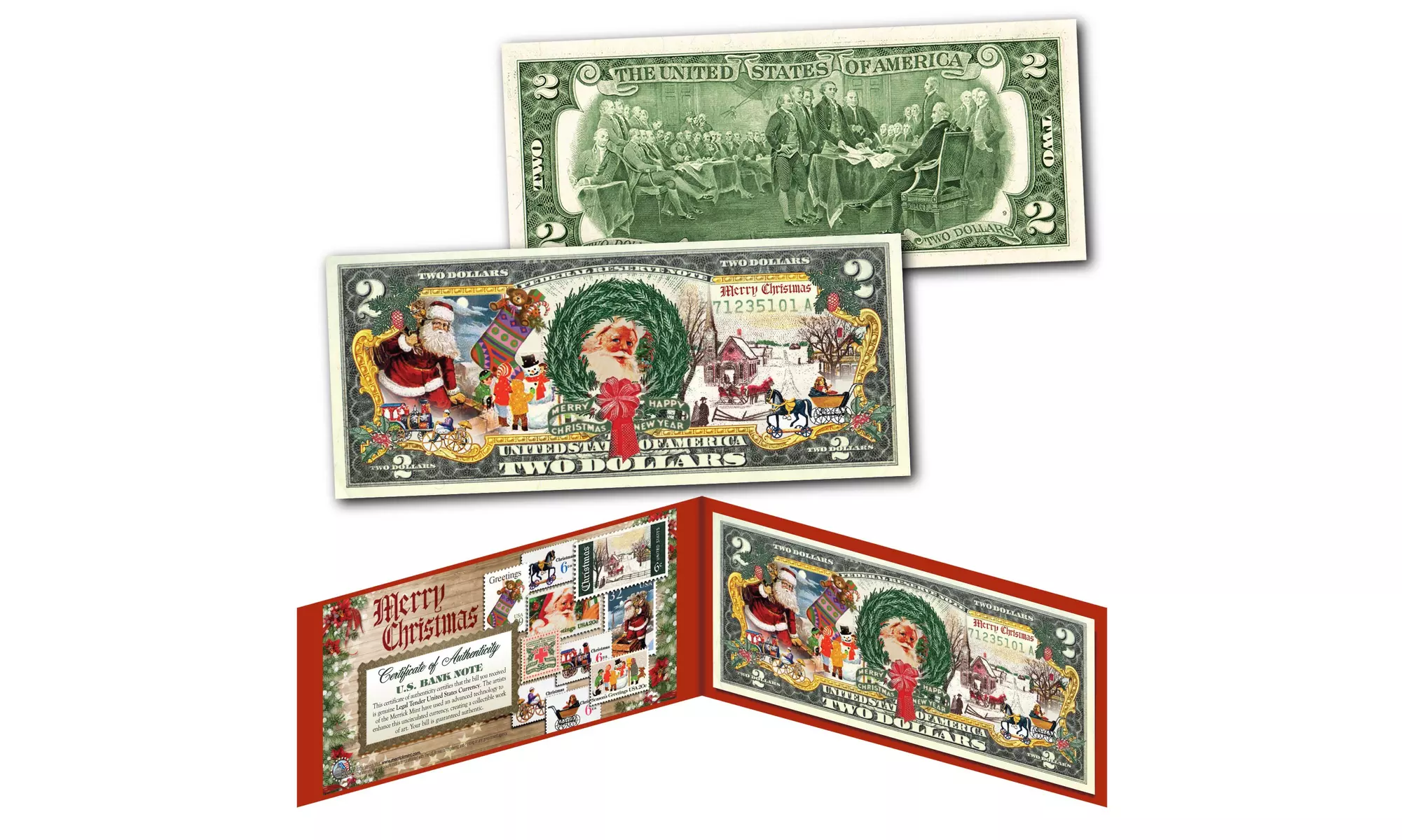 Merry Christmas "Postage Stamp Theme" Genuine Legal Tender U.S. 2 Dollar Bill - Primary Image