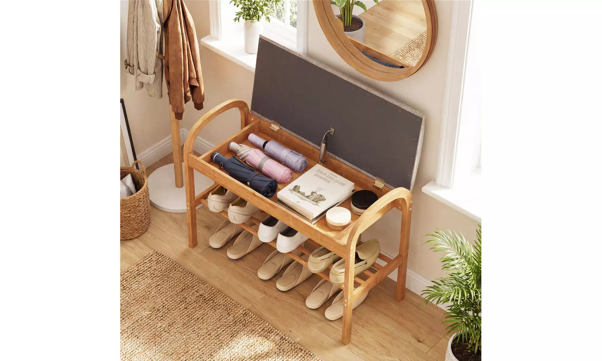 Costway Bamboo Entryway Shoe Bench 2-Tier Shoe Rack with Padded Seat Cushion