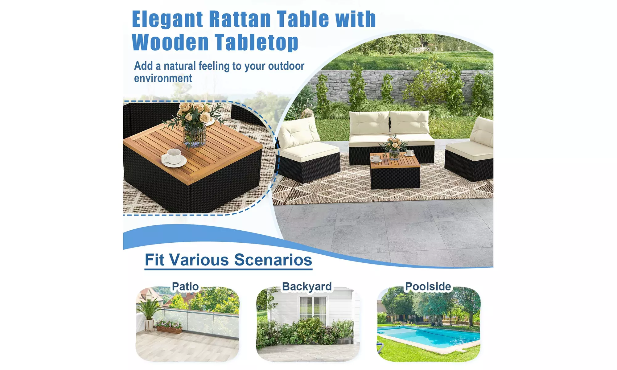 5 Piece Patio Rattan Furniture Set Acacia Wood Table Top Sofa Cushion Deck